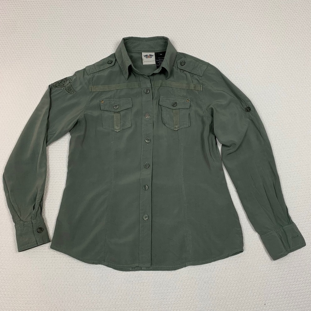 Harley-Davidson Womens XS Olive Green Rayon Military Button Up Shirt Star Studs